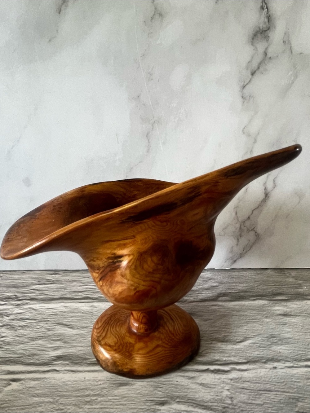 Vintage Hand-Turned Wood Pedestal Bowl – Asymmetric Natural Edge Centerpiece